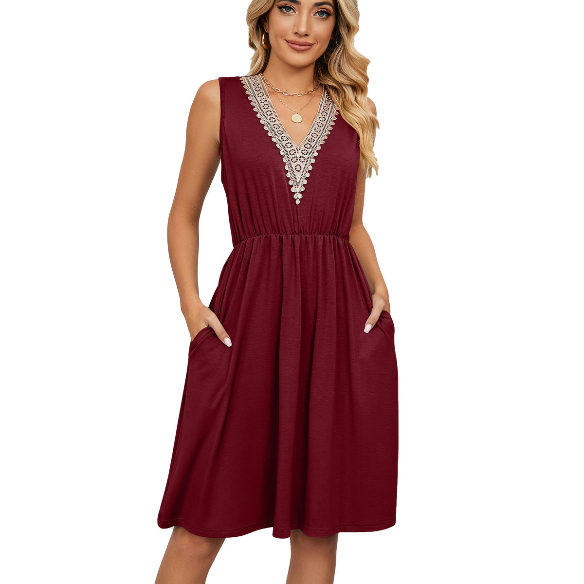 Lace Panel Sleeveless Dresss With Pocket