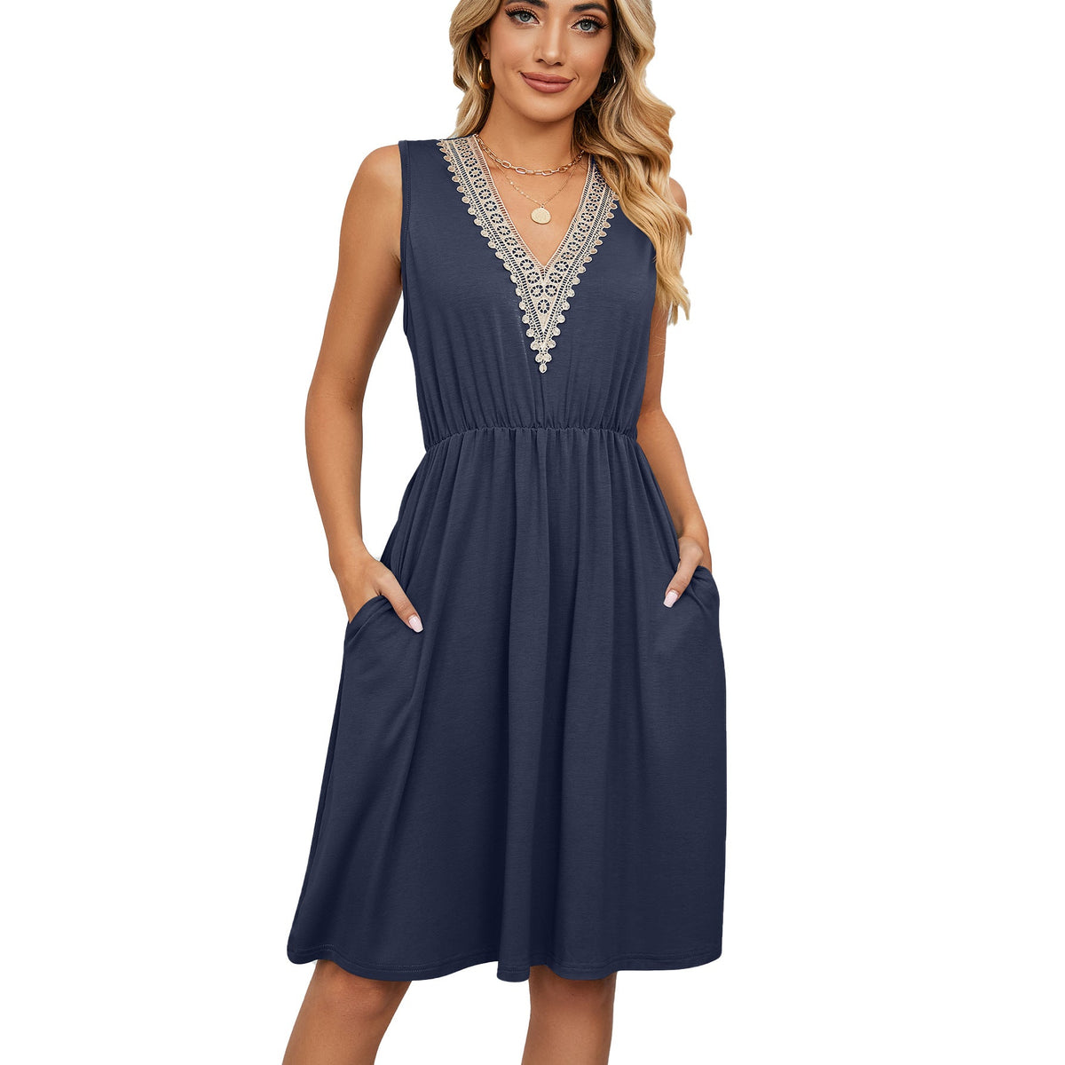 Lace Panel Sleeveless Dresss With Pocket