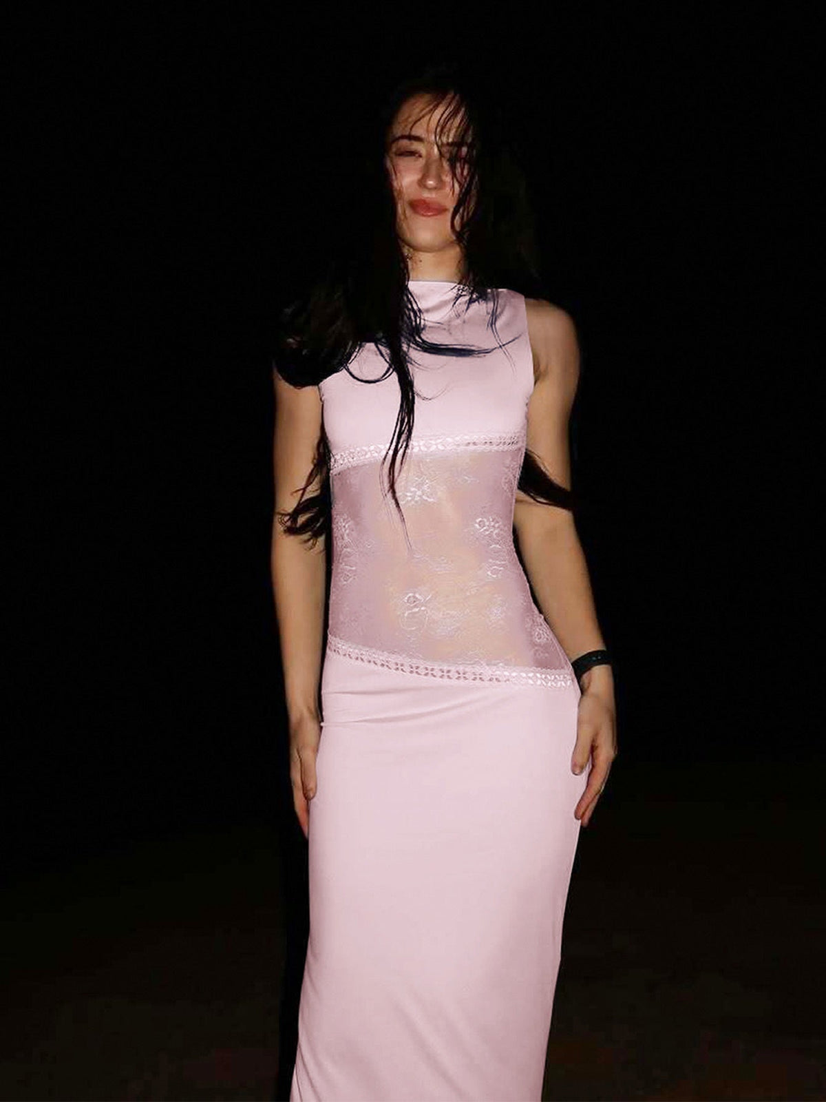 Stitching Lace Mid Waist See-through Dress