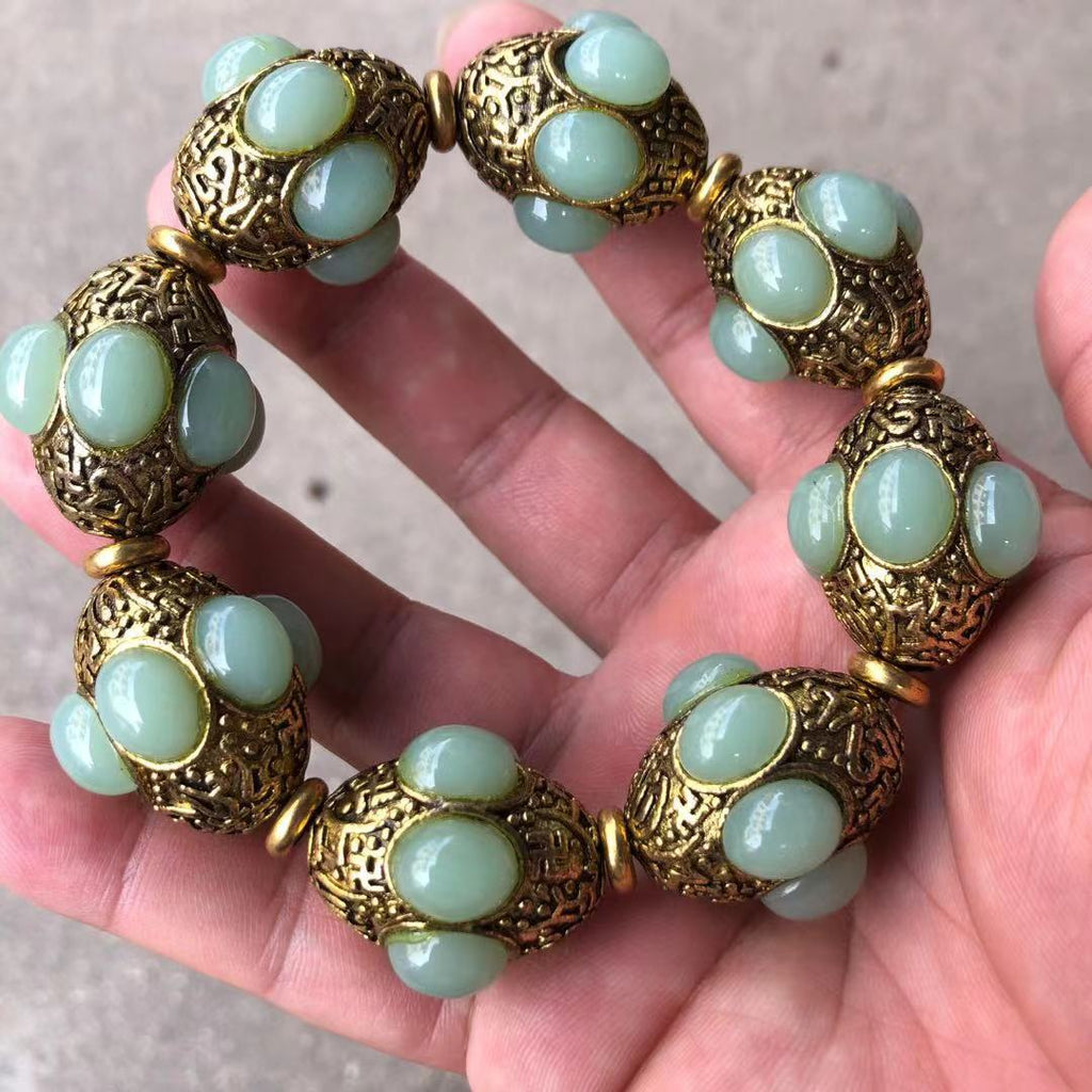 Vintage Tibetan Silver Inlaid Jade Bracelet