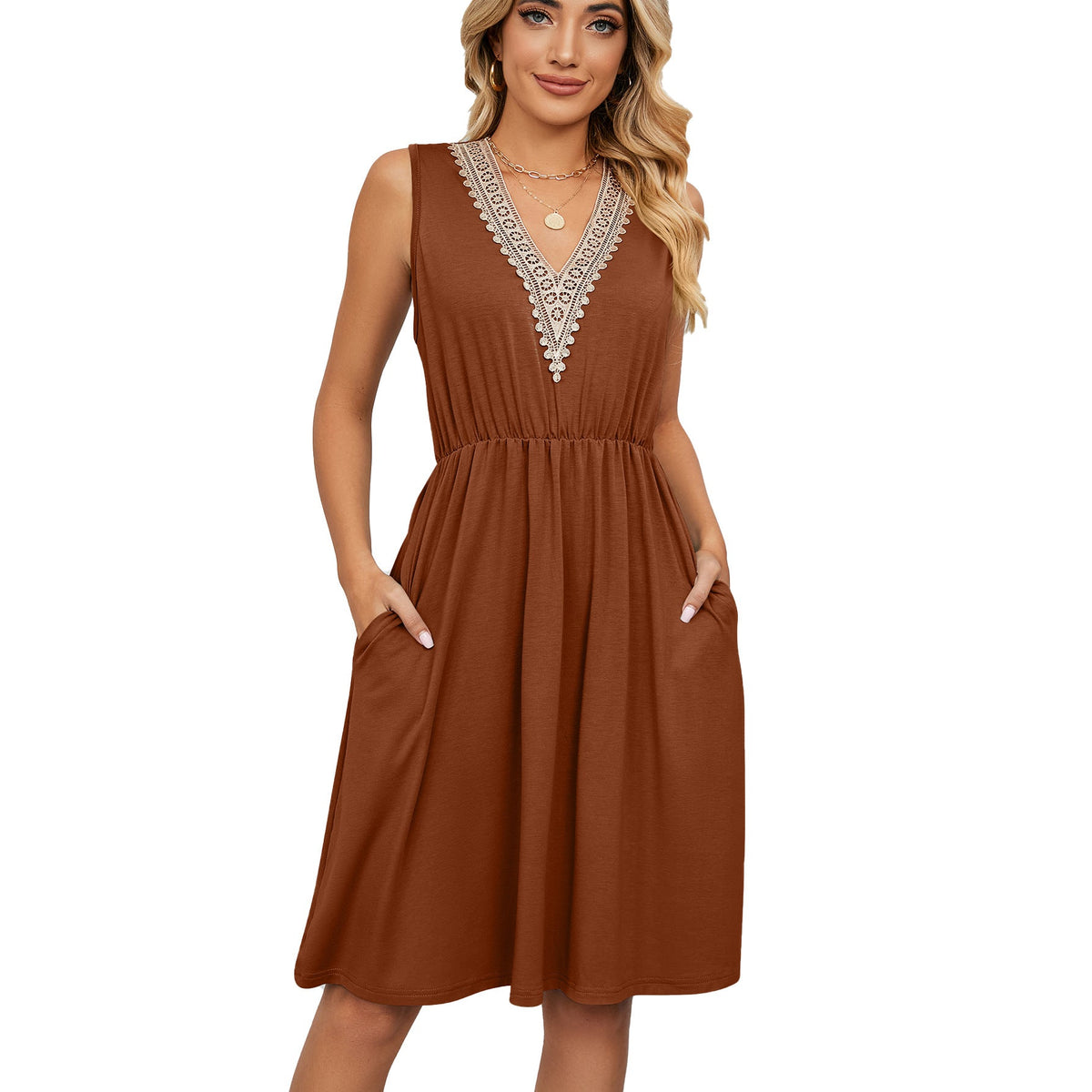 Lace Panel Sleeveless Dresss With Pocket