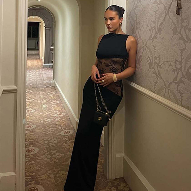 Stitching Lace Mid Waist See-through Dress