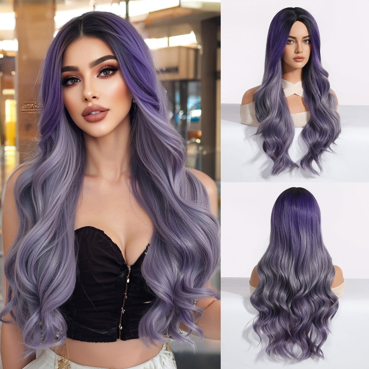 Blonde Middle-parted Small-curl Long Wavy Wig