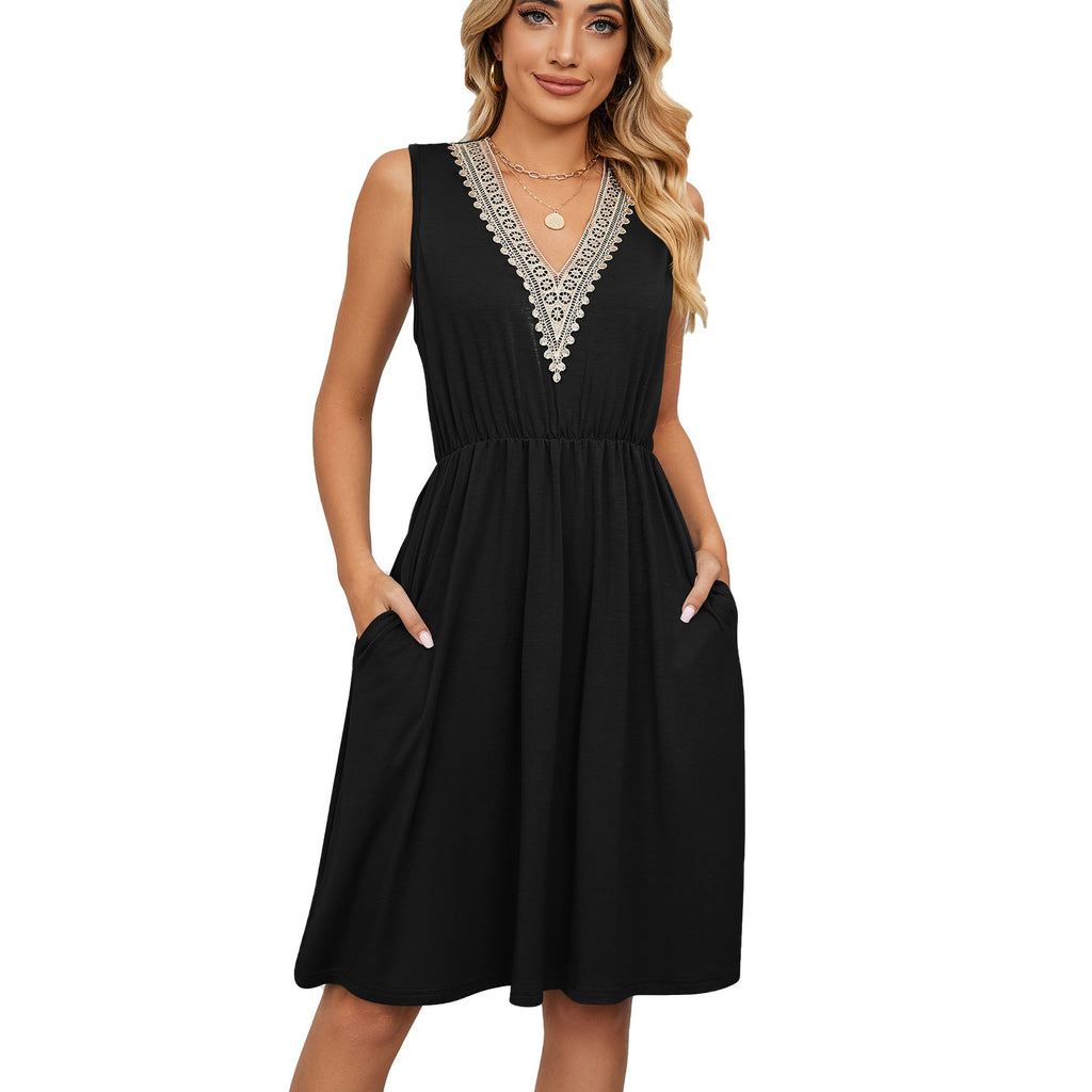 Lace Panel Sleeveless Dresss With Pocket