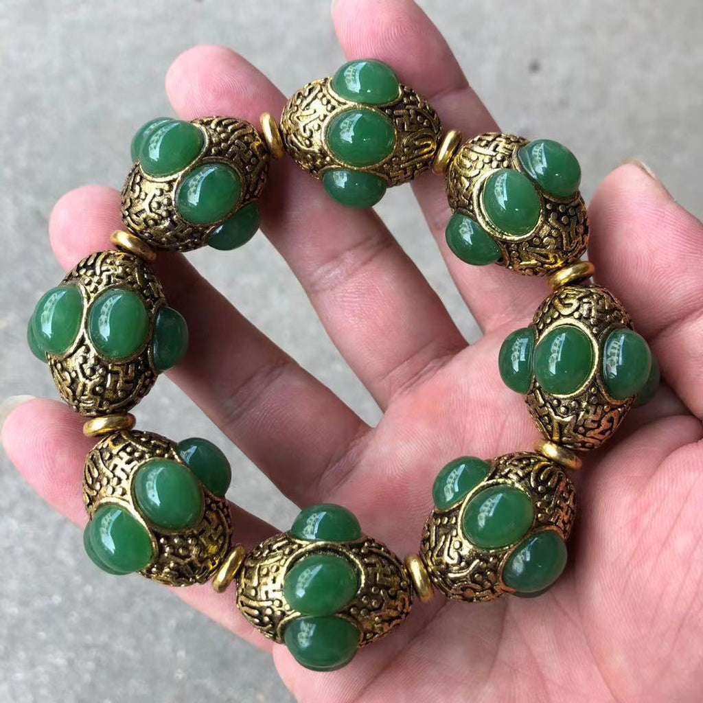 Vintage Tibetan Silver Inlaid Jade Bracelet