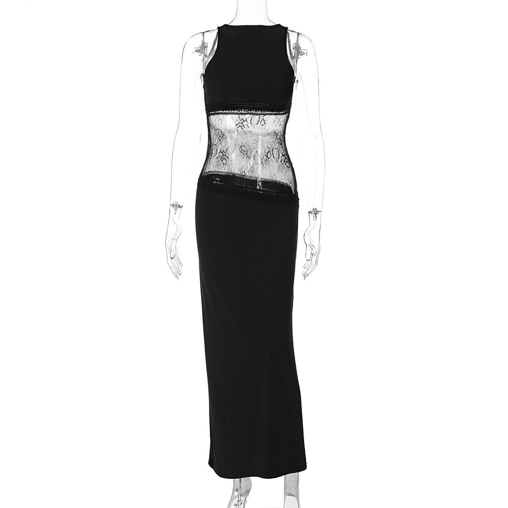 Stitching Lace Mid Waist See-through Dress