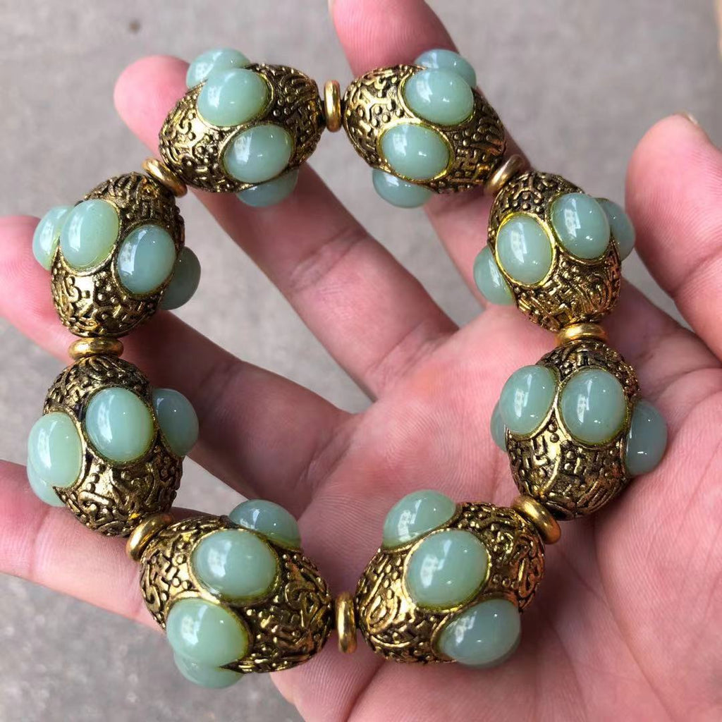 Vintage Tibetan Silver Inlaid Jade Bracelet