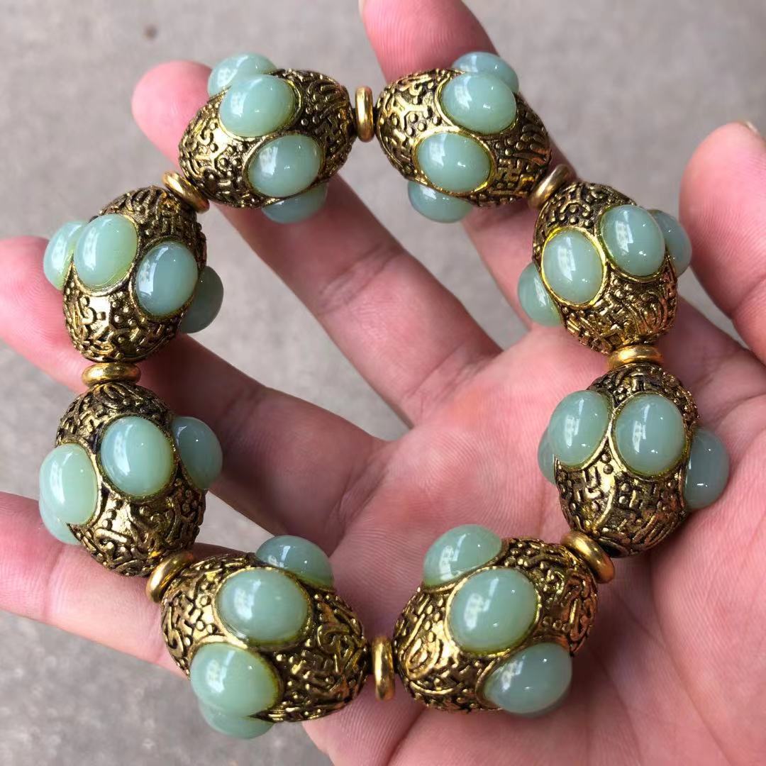 Vintage Tibetan Silver Inlaid Jade Bracelet