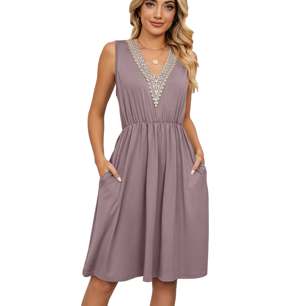 Lace Panel Sleeveless Dresss With Pocket