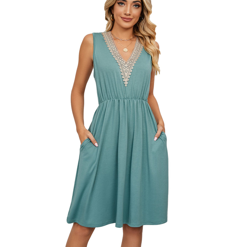 Lace Panel Sleeveless Dresss With Pocket