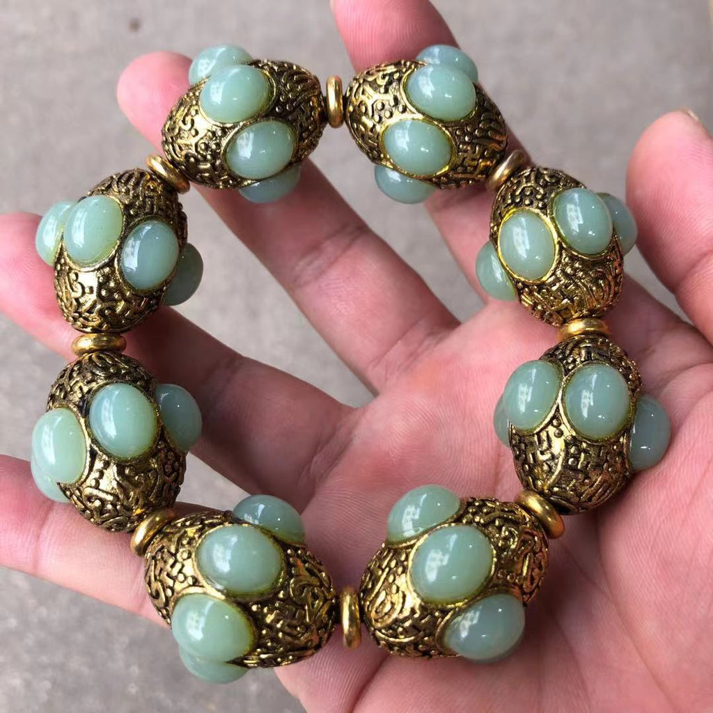 Vintage Tibetan Silver Inlaid Jade Bracelet