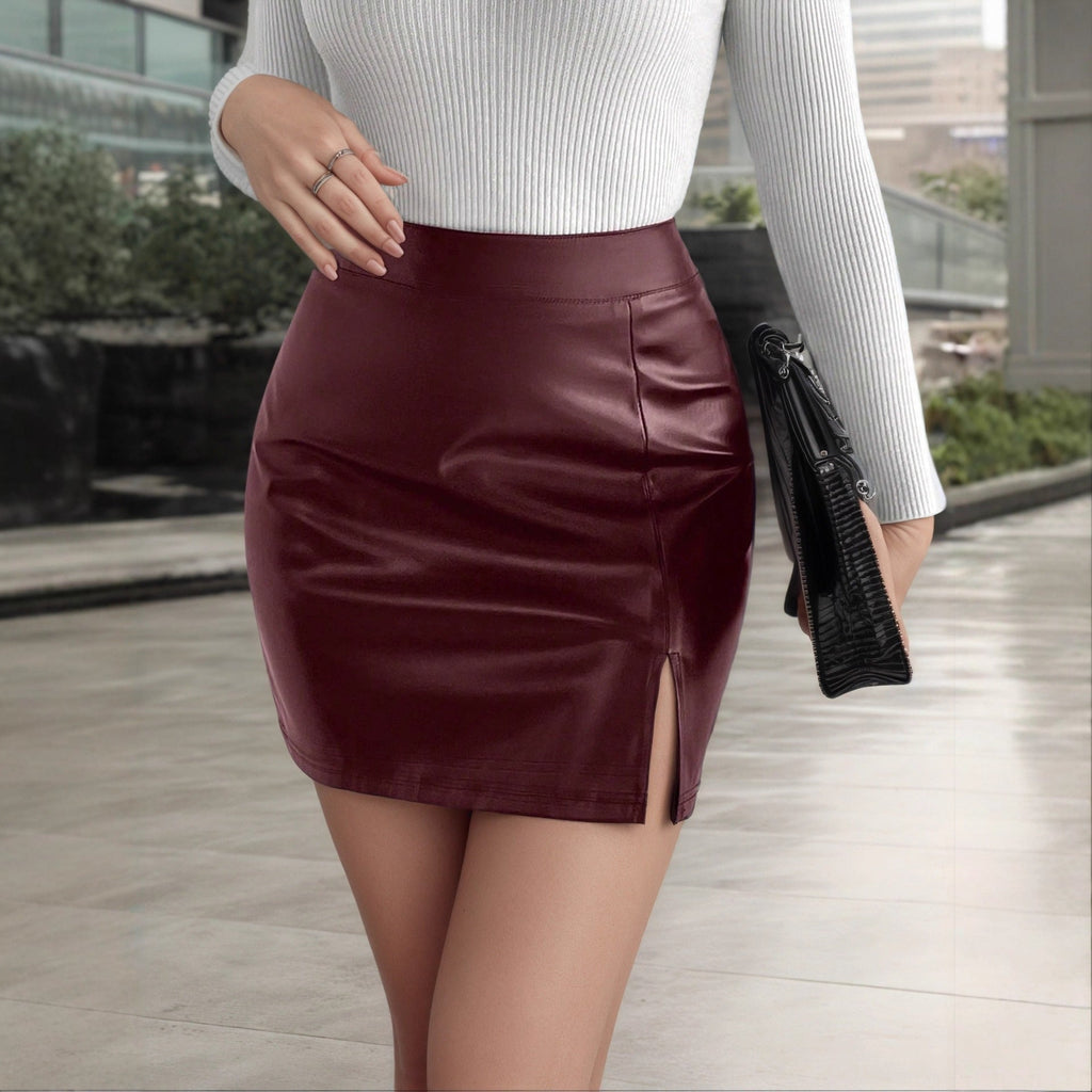 Slit Mini A-line High-waist PU Leather Skort