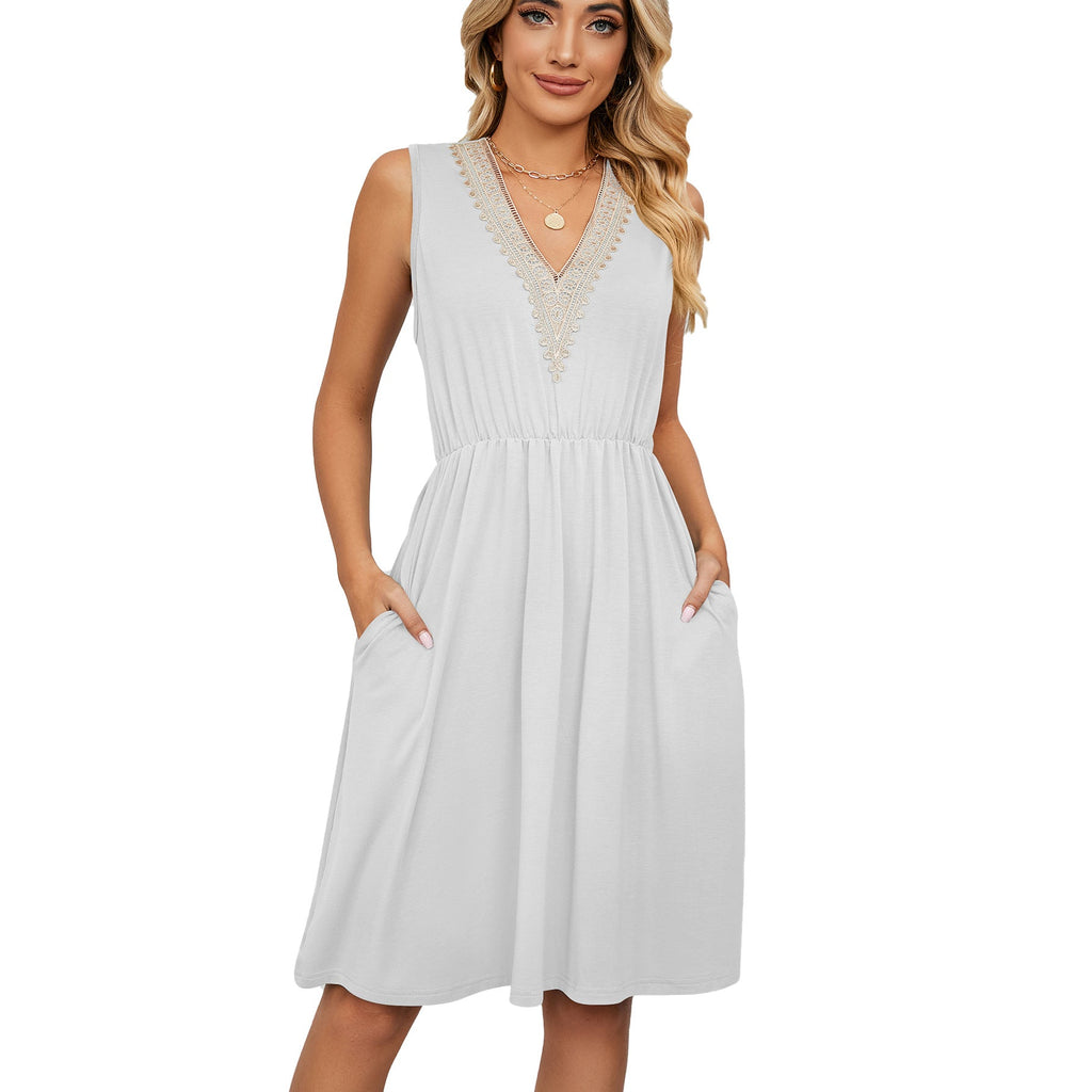 Lace Panel Sleeveless Dresss With Pocket