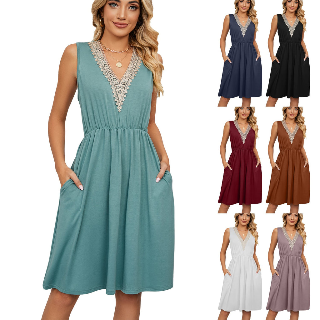 Lace Panel Sleeveless Dresss With Pocket
